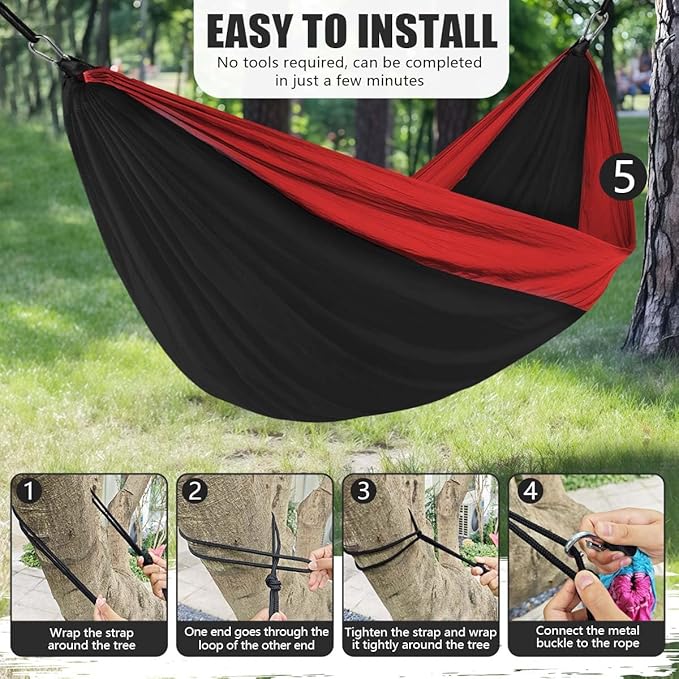 OBTANIM Camping Hammock 500lbs Portable Lightweight Single or Double Hammock with Tree Straps and Carry Bag for Camping Backpacking Hiking Travel Beach Outdoor Indoor (Red and Black)