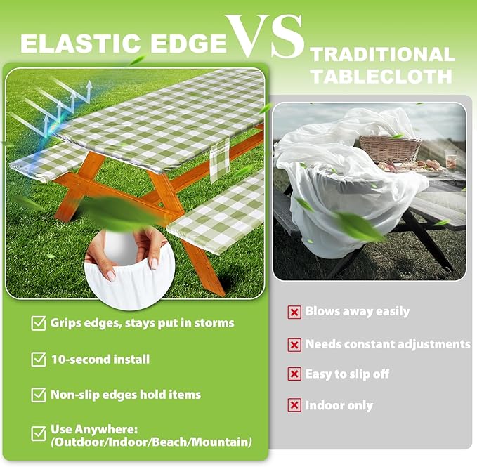 Picnic Table Cover with Bench Covers Vinyl Elastic Edges Fitted Rectangle Seat Tables Waterproof 3-Piece96X30in Set Outdoor Rectangular Folding Backing Tablecloth for Camping Over Size