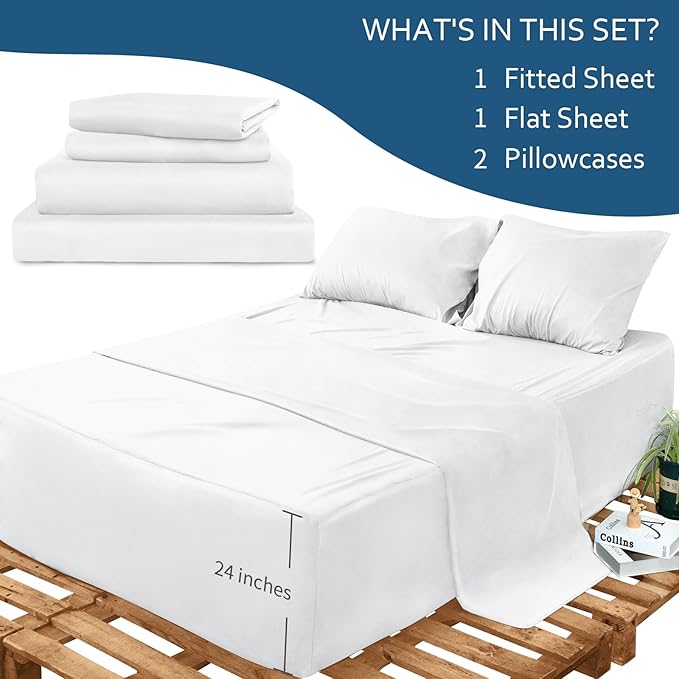 Moonsea Twin XL Sheet Set, Deep Pocket 4-Piece Microfiber Bed Sheets - Extra Long Fits Mattress Up to 24 Inches, Fade Resistant & Wrinkle Free for College Dorm - White