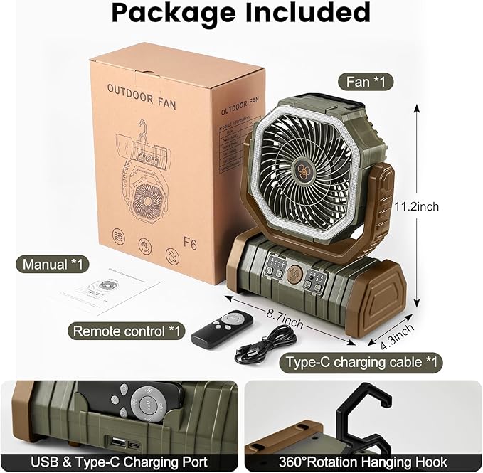 Odoland 30000mAh Camping Fan with LED Lantern, Rechargeable Battery Operated Oscillating with Remote Hook, Portable Tent Fan with Timer, 4 Speeds for Outdoor RV Jobsite Power Outage, Brown