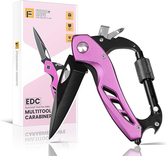 FUNBRO Pink Multitool Carabiner, Stocking Stuffers Gifts for Mom Women Wife, 6-in-1 Keychain Multi Tools with Window Breaker, Bottle Opener and Screwdriver, EDC Gear Gadget for Camping Hiking