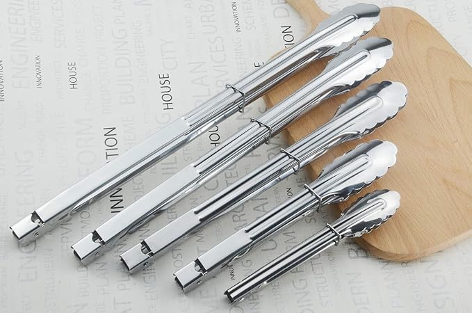 HINMAY Stainless Steel Utility Food Tongs Set Kitchen Metal Tongs for Cooking Grilling Barbecue BBQ and Serving Salad (9 12 Inch 4 Pieces)