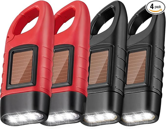 Mudder 4 Pack Hand Crank Solar Powered Flashlight Emergency Rechargeable Led Flashlight Survival Gear Self Powered Charging Torch for Hiking Backpack Camping Safety Emergency Pack (Black, Red)