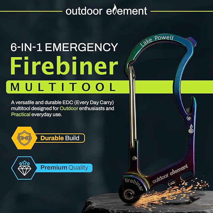 OUTDOOR ELEMENT Firebiner Custom Engraved 6-in-1 Fire Starter Carabiner Multitool – Survival Gear EDC Keychain with Utility Blade, Bottle Opener, Screwdriver, Emergency Tool