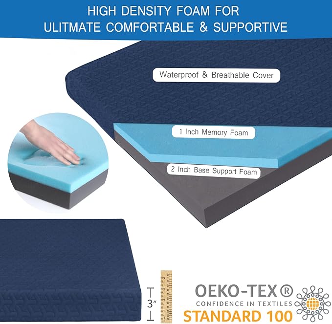 Memory Foam Camping Mattress Pad 3 Inch Thick, Portable Sleeping Pad with Waterproof Cover, Portable Roll Up Cot Mattress Pad Floor Mat for Travel Truck Bed Tent 72" x 24"x 3"