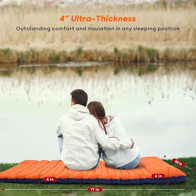 4 Inch Thick Camping Sleeping Pad with Internal Straps - R Value 4.0 for 4 Seasons, Durable & 100% Waterproof Outdoor Air Mattress, Lightweight Sleeping Mat for Hiking, Backpacking, Travel