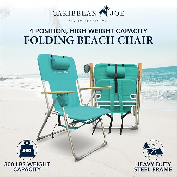 CARIBBEAN JOE Folding Beach Chair, 4 Position Portable Backpack Foldable Camping Chair with Headrest, Cup Holder, and Wooden Armrests