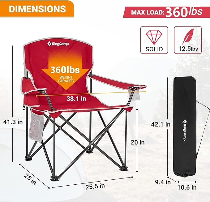 KingCamp 2pack Red Oversized Camping Chair with Cup Holder & 3 Storage Pockets - Heavy-Duty 360lbs Capacity Folding Lawn Chair, Portable Compact Foldable Outdoor Chair for Camping, Fishing, BBQ