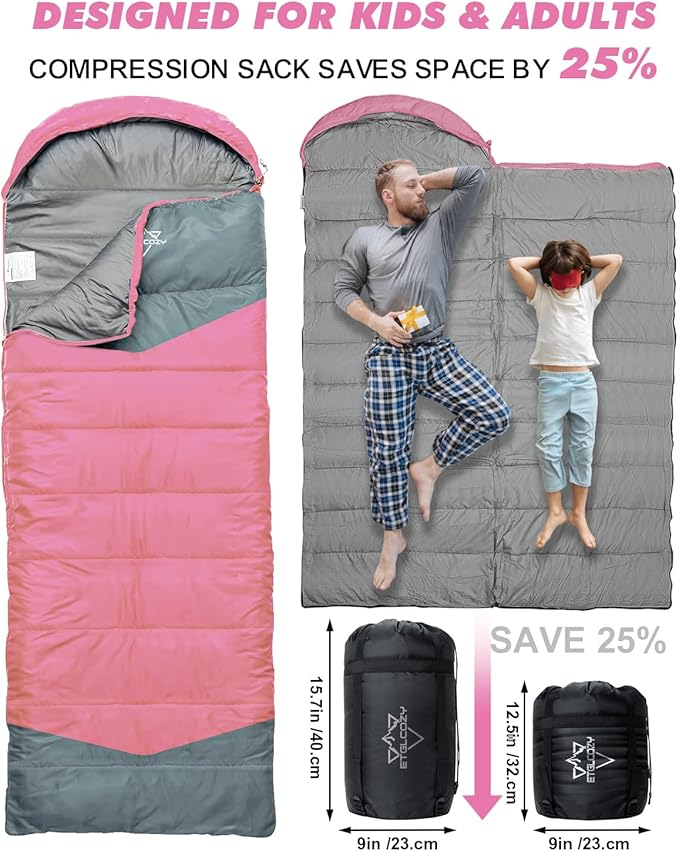 Lightweight 3-Season Sleeping Bag for Adults/Kids Camping, Compact w/Compression Sack, Waterproof Ripstop, Portable for Backpacking Hiking Travel