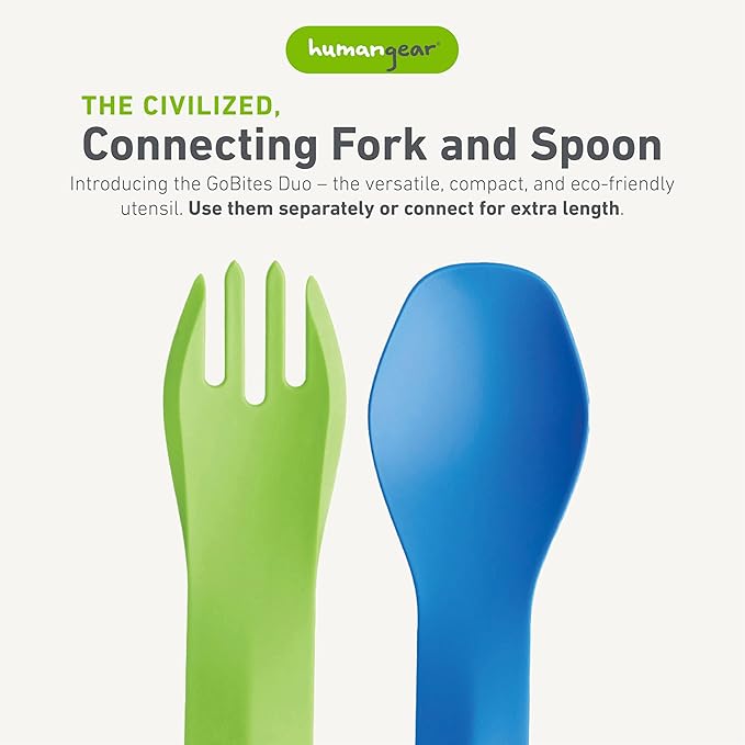 humangear GoBites Duo - Travel Silverware, Full Size Portable Fork & Spoon, Reusable Utensil Set, PC and BPA-free, Food-Safe, ﻿Extended - 9.1” X 1.6”