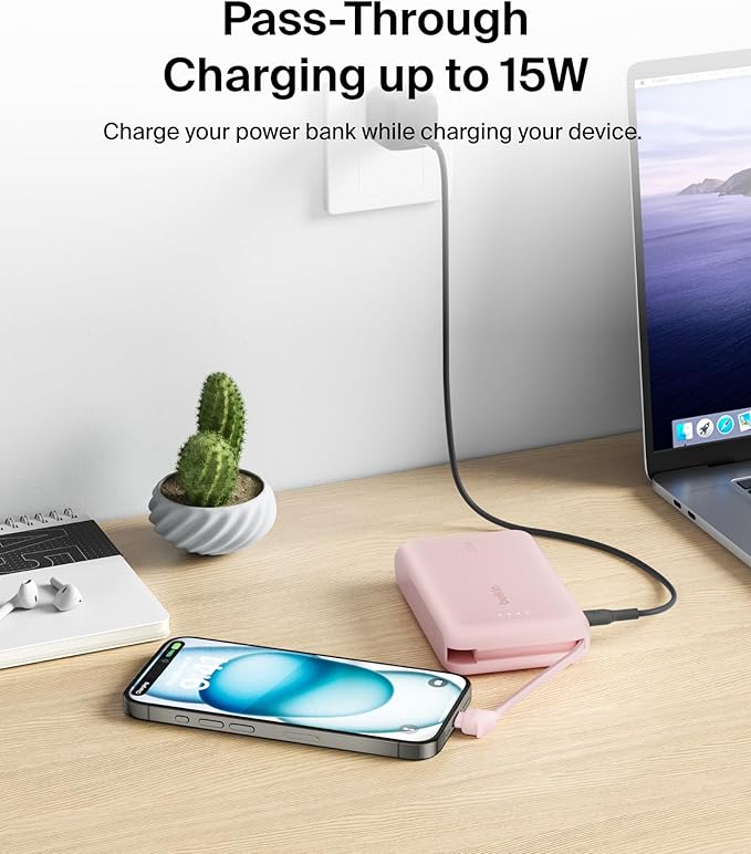 Belkin Portable Charger Power Bank USB C, 10000 mAh w/Integrated Cable, 20W Fast Charge USB-C Power Delivery, iPhone Charger, Apple iPhone 17, Air, Pro, Pro Max, iPad, Samsung Galaxy S25 - Pink
