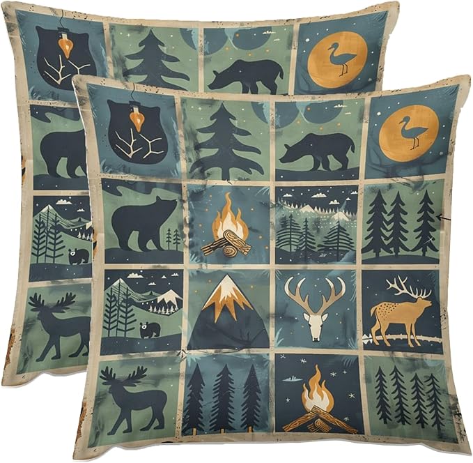 ITFRO Set of 2 Birthday Gift Nature Wildlife Bear Deer Forest Bonfire Pine Tree Short Plush Both Sides Square Retro Checkered Throw Pillow Cover Cushion Case Farmhouse Sofa Decor 18x18 Inches (Blue)