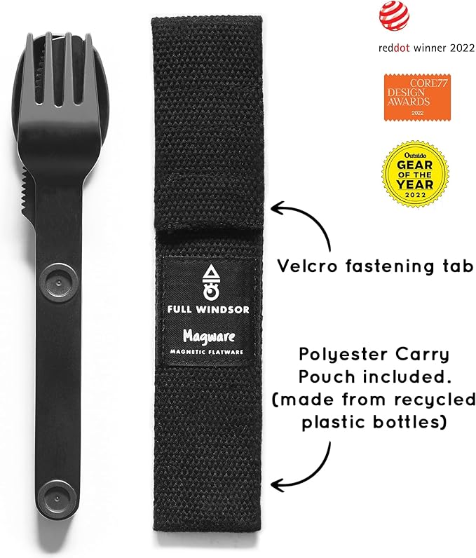 FULL WINDSOR Magware Camping Set - Travel Utensils for Outdoor Dining, Backpacking & Camping Essentials - Knife, Fork & Spoon with Pouch - Magnetic Silverware Lunchbox Utensils Cutlery - Black (3 PCS)