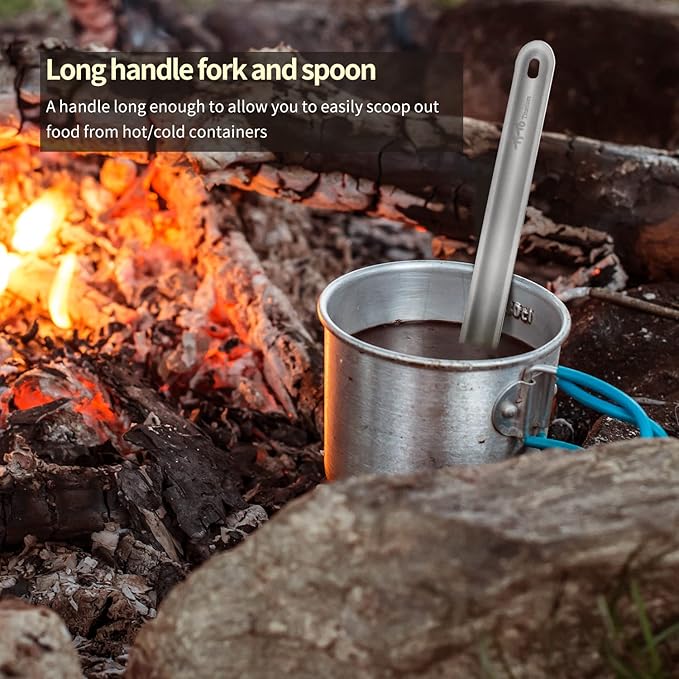 TiTo Titanium Long Handle Spork and Spoon Eco-Friendly Ultralight Portabale Flatware for Outdoor Camping Backpacking Hiking Travel Picnic Tableware with Bag (2Pcs Sandblasting)