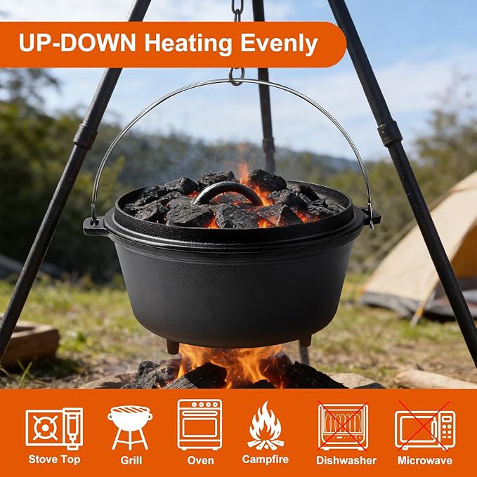 8QT Pre-Seasoned Cast Iron Camp Dutch Oven with Lid, Large Camping Dutch Oven Pot with Tripod Stand, incl. Lid Lifter - Dual Handles - for Outdoor Campfire, Grill, Oven & Stovetop Cooking-Black