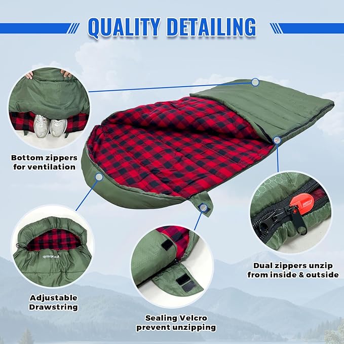 Keencamp 0 Degree Sleeping Bag Cotton Flannel Winter Cold Weather for Adults XXL Sleeping Bag 4 Season Big and Tall with Pillow Compression Sack