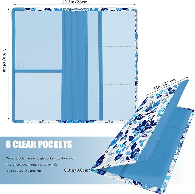 Car Registration and Insurance Holder, with Magnetic Closure for License, Cards and Documents, All Vehicle Needs and Car Accessories (Flower-Blue)