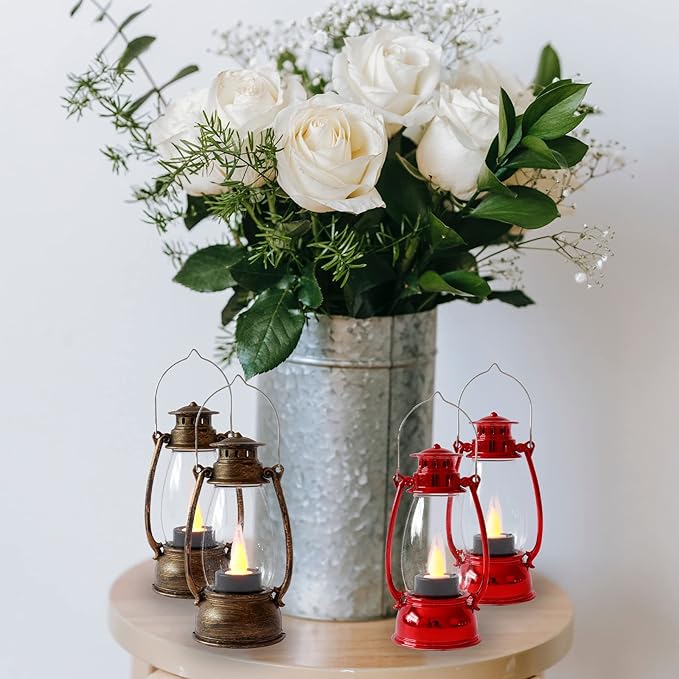 Red Mini Lanterns(12 Pcs-5.1in) with Flickering LED Candle Lights, Vintage Small Western Lanterns for Table Centerpiece, Indoor & Outdoor Christmas Tree Ornaments, Camping Party Decorations