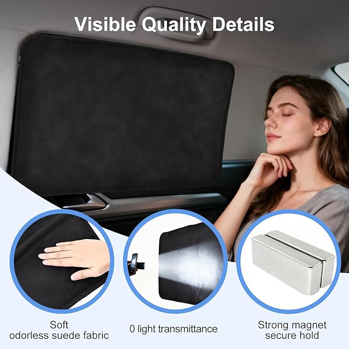 XCBYT Suede Car Window Shades for Rear Side Windows, 2-Pack Ultra-Soft Magnetic Car Curtains, 100% Light Blocking Window Covers for Privacy, Baby Care, Camping & Road Trips