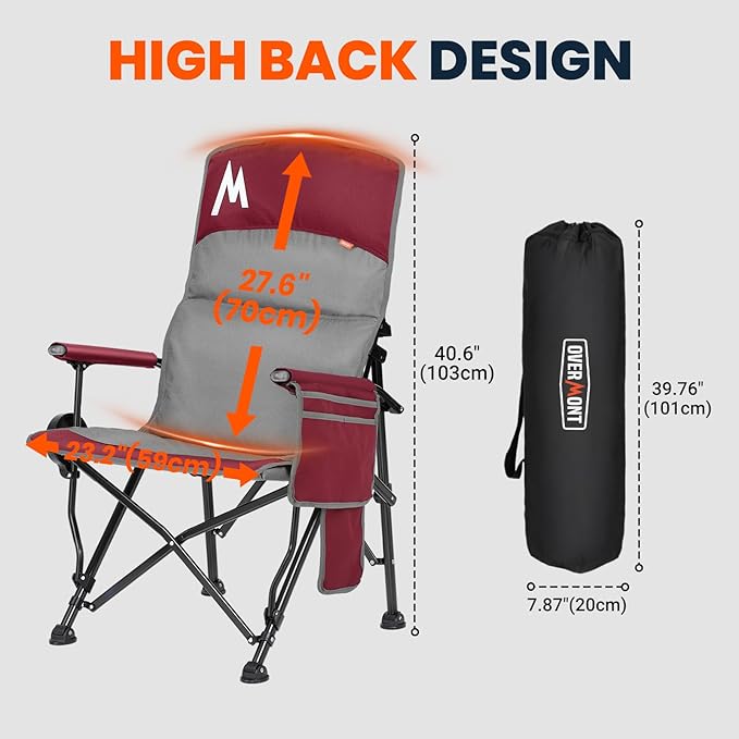 Overmont Heated Camping Chair with High Back - 3 Heat Levels 2-Zone Separately Heating - 450 LBS Support Heavy Duty Folding Chair Portable for Adults Patent No.: US D1.028.543S - Battery NOT Included