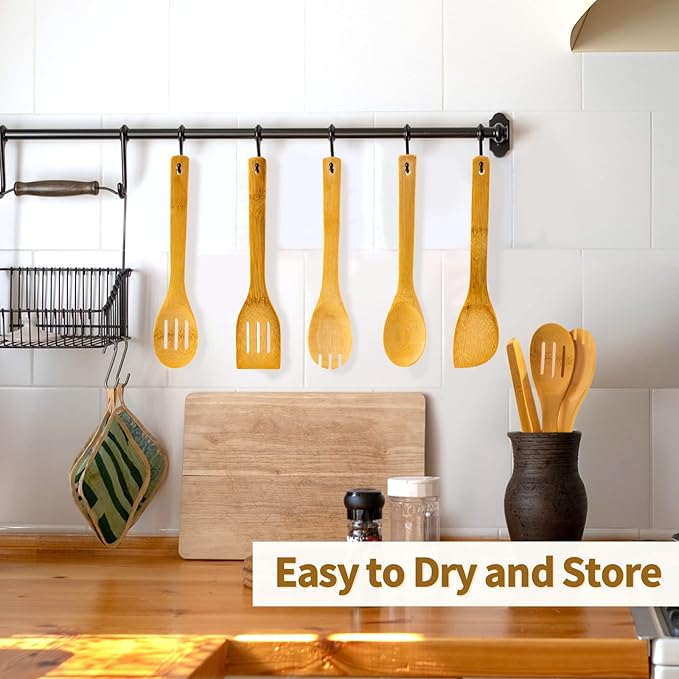 Eisinly Wooden Spoons for Cooking 7-Piece, Kitchen Nonstick Bamboo Cooking Utensils Set, Healthy Bamboo Wooden Spatula Spoon for Cooking