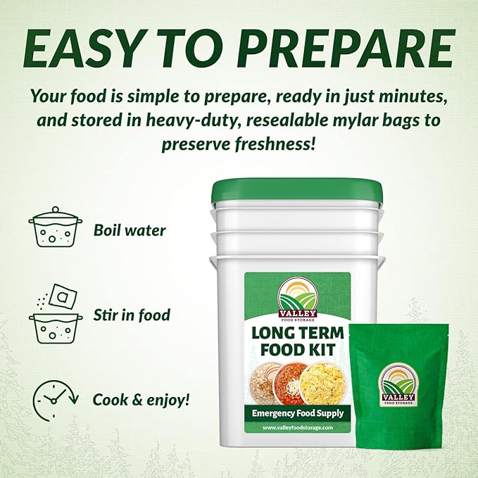 Valley Food Storage Long Term Food Supply Kit | 2 Bucket Emergency Survival Food | 75g+ Daily Protein, 1,800+ Calories Per Day | 25 Year Shelf Life Prepper Food for Camping & Disaster Preparedness