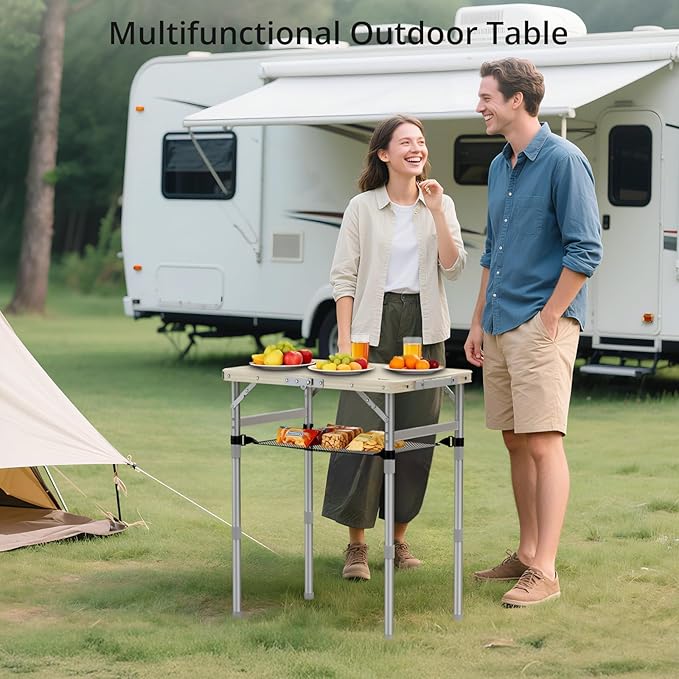 Anbte 2ft Small Plastic Folding Table, Waterproof 3 Adjustable Height Portable Camping Table with Storage Net, Flat Tabletop, for Picnic Indoor Outdoor Travel Beach Patio, 22.8" X 15.7", White