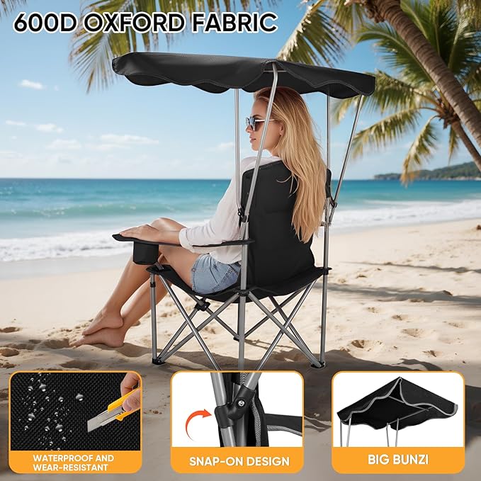 Northroad Folding Camping Chairs with Canopy Shade, Beach Chair w/Cup Holders, Armrests & Carry Bag for Outdoors Travel Sports Fishing, Black