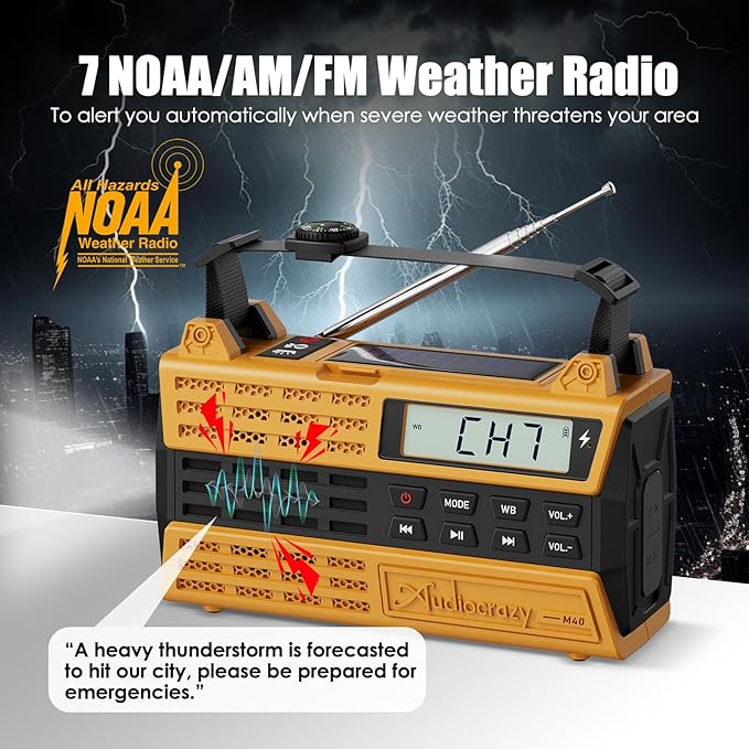 Emergency Radio, 5000mAh/18500mWh Solar Hand Crank Weather Radio with NOAA/AM/FM/Bluetooth, Crank Radio Flashlight Cell Phone Charger,Flashlight&SOS for Outdoor/Home Yellow