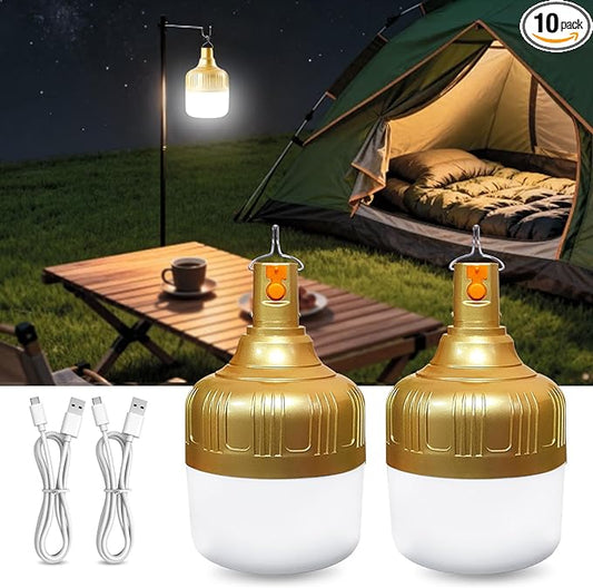 2 Pack Rechargeable LED Camping Lantern, 4000mAh IPX4 Waterproof Tent Light with Hook, USB Flashlight for Hiking, Travel, Hurricane Power Outage Emergency, Home Garage Repair, BBQ Lighting
