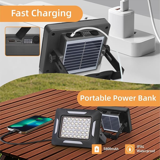 Solar Portable Camping Lights with Strong Magnets, dimmable, Solar Rechargable Camping Lantern, IP67 Waterproof, 5 Light Modes Portable Flood Light, Work Lights for Indoor Outdoor