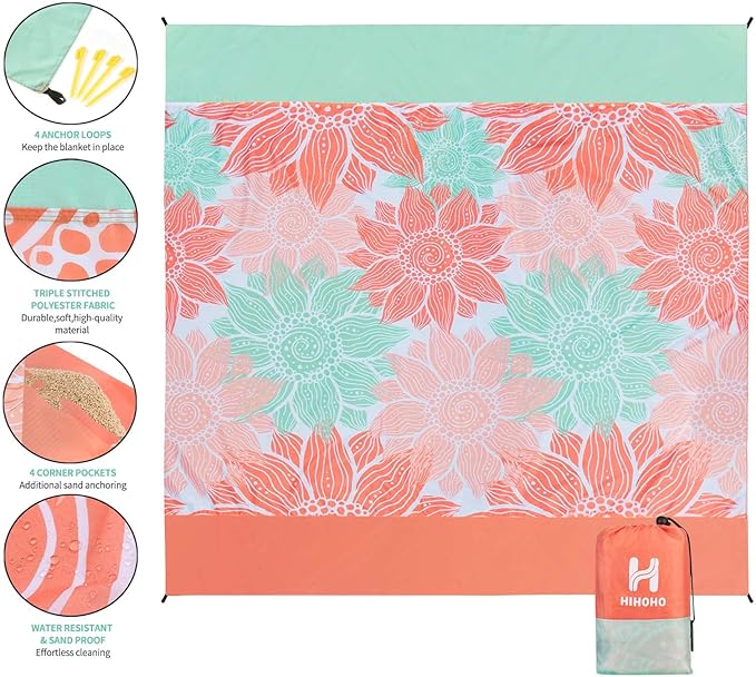 HIHOHO Beach Blanket Waterproof Sandproof Extra Large Beach Mat 79" X 83"/120"x108"for 1-8 Adults Quick Drying Durable Outdoor Picnic Mat for Beach Travel Camping Hiking