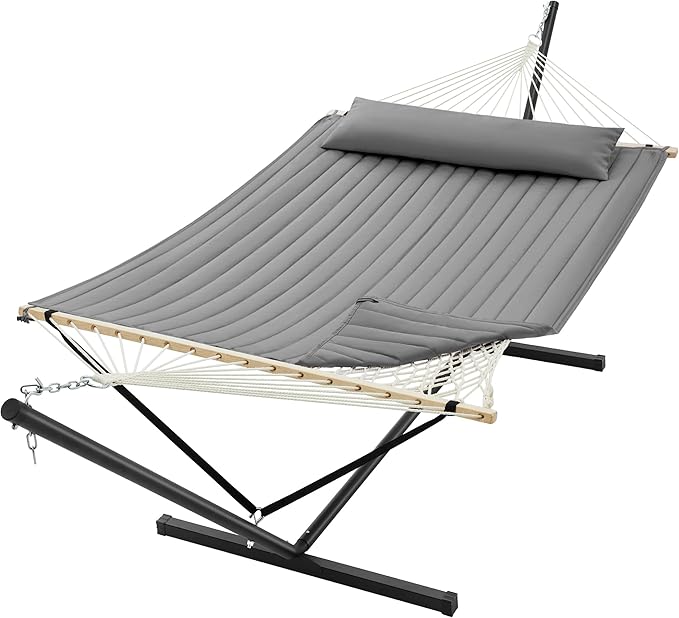 SUPERJARE 12ft Double Hammock with Stand, Rope Hammock for 2 Person, Detachable Hammock Bed and Pillow, Portable, Anti-Tip Safety Ropes, Carry Bag, Outdoor Backyard Patio Camping, Gray