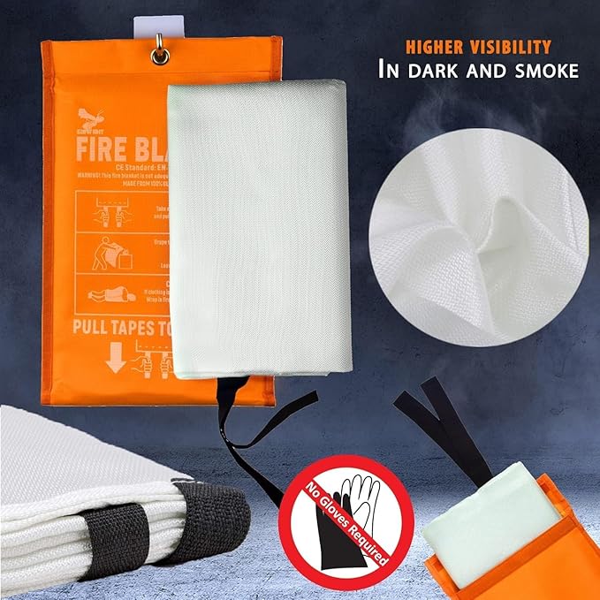 Fire Blanket -Certified 1500F Extra Thick, Glow In The Dark Fireproof Emergency Supplies. 500gsm, 0.5mm Thick Fire Blankets Emergency For Home. 5pc Fire Safety Emergency Blanket 40"x40" By Supa Ant