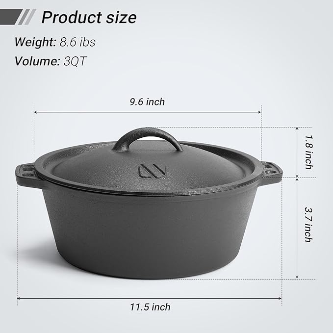 Northriver Casting 3 QT Cast Iron Dutch Oven with Lid – Pre-Seasoned Round Pot for Baking Bread, Stews & Camping – Small Dutch Oven for Oven, Stove, and Campfire Cooking