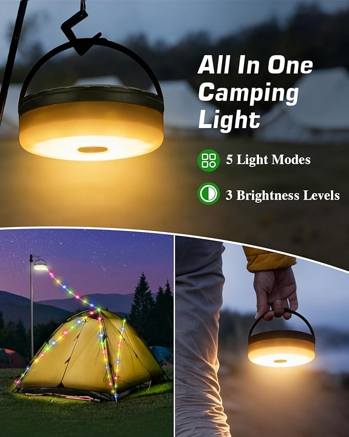 Anpro Solar Camping String Lights 4 in 1, 32.8Ft Ultra Long Multi-Color LED String, 3600mAh Solar Powered and USB Rechargeable Light with Remote Control, Portable Camping Light for Hiking, Decoration