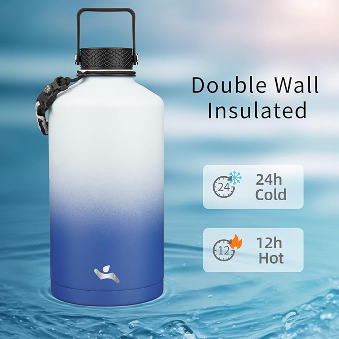 Konokyo Gallon Insulated Water Bottle with Straw,128 oz 3 Lids Water Jug with Carrying Bag,Paracord Handle, Double Wall Vacuum Stainless Steel Metal Flask,Sky