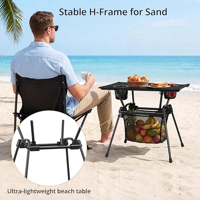 Anbte Ultralight Portable Camping Table, 3.2lb Folding Camping Table with Cup Holders & Storage Net, 20in Height for Camping Hiking Tailgating Beach Picnic Travel Patio, 23" x 16", Black