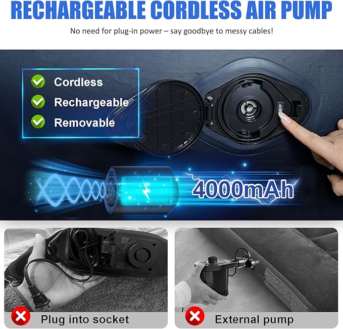 AYAMAYA Queen Camping Air Mattress with Built-in Rechargeable & Detachable Pump, 10" Height Inflatable Blow Up Airbed, Portable Self Inflating Sleeping Pad for Tents, Outdoor, Travel, Home, Guests