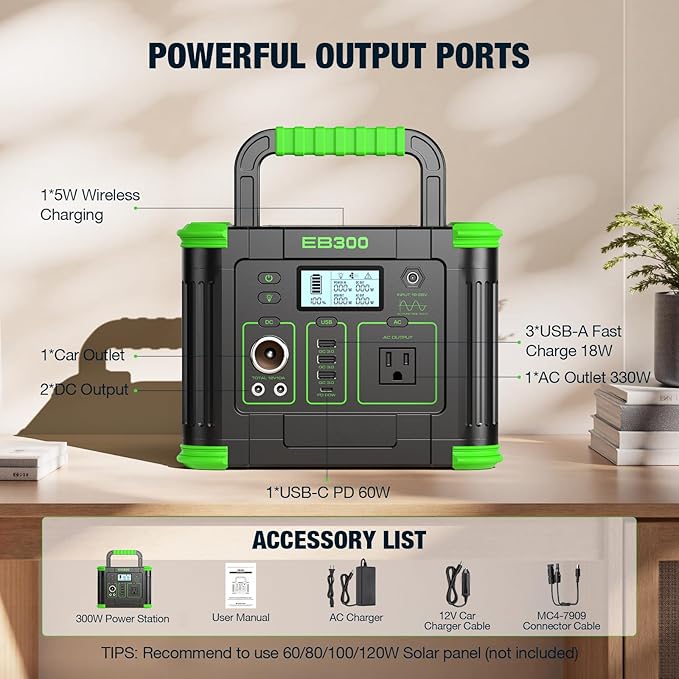 300W Portable Power Station 288.6Wh Solar Generator with 600W Peak, PD 60W USB-C, QC3.0 & 5W Wireless Charger for Camping, Emergency Backup, RV & Home Use