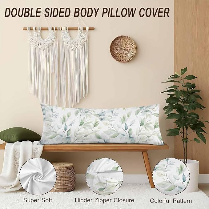 Green Leaf Decorative Home Pillow Covers, Watercolor Floral Eucalyptus Leaves Long Body Pillow Cover Sleeper Cushion Cover Body Pillowcase for Man Woman Sofa Patio Shop 20x54 Inch
