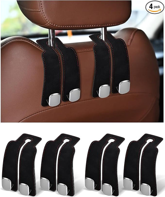 Headrest Hooks for Car, 4 Pack Car Seat Back Organizer Storage Hook, Double Hook Car Seat Hooks for Hanger Purses and Bags, Leather Purse Holder for Car, Black