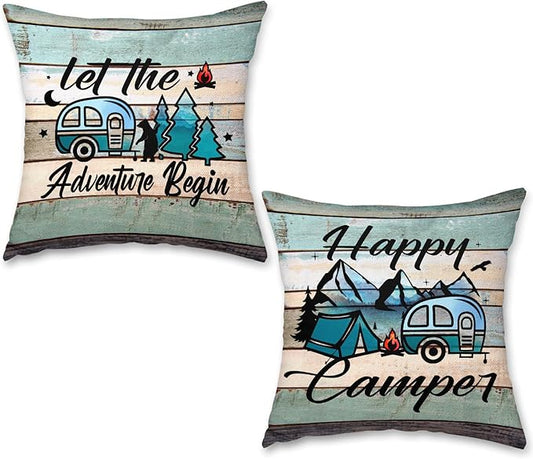 Happy Camper Pillow Covers Set of 2, Vintage Decorative Camping Pillow Cover Camper Decorations for Inside Gifts for Outdoor Travel Pillowcases for RV Couch Living Room (Insert Excluded)