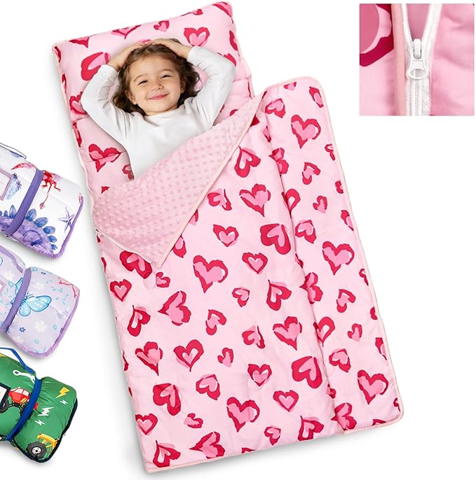 Primlect Toddler Nap Mat Extra Large Thickened 55''x35'', Soft Sleeping Bag with Detachable Minky Blanket and Pillow, Portable for Daycare, Preschool, Kindergarten, Travel, Boys and Girls