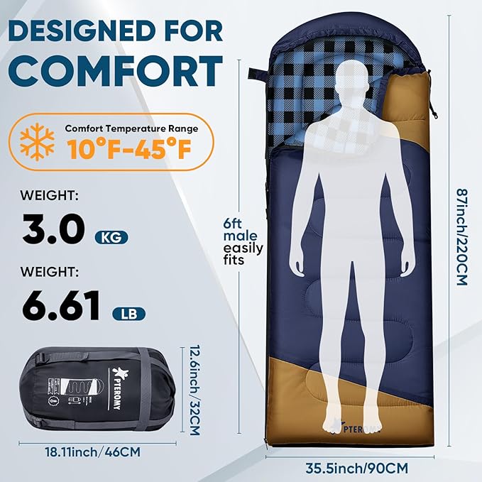 PTEROMY Sleeping Bags for Adults, Lightweight and Machine Washable, Water Resistant Backpacking Camping Sleeping Bag for Warm Cold Weather, Camping Essentials for Hiking Travel