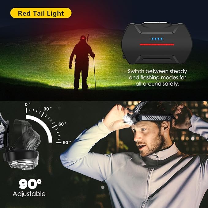 MIOISY Rechargeable Headlamp, Ultra-Bright 5 LED Head Lamp with Red White Light,IPX4 Waterproof Headlight,8 Mode Head Flashlight for Outdoor Running Hunting Fishing Hiking Camping Gear