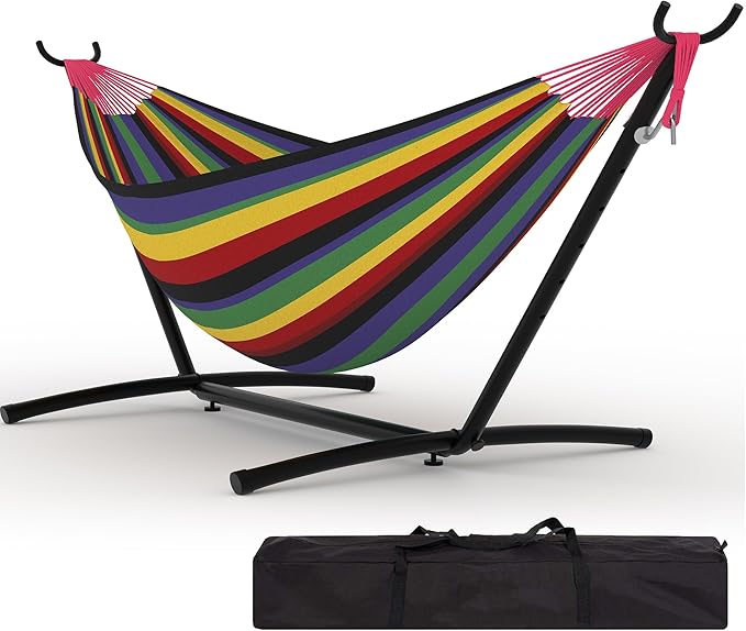 Double Hammocks with Stand for Outside, Portable Space Saving Heavy-Duty Steel Stand for Indoor Outdoor Patio with Carrying Bag, 450 lbs Capacity