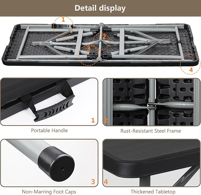 OS MOTOR 6ft Folding Table with Carry Handle, Portable Heavy Duty Plastic Utility Table with Steel Legs for Party, Wedding, Camping, Indoor, Outdoor Event, 72 Inch, Black