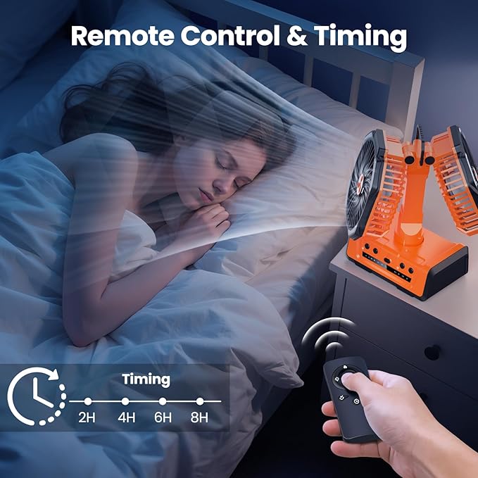Dual Head Portable Rechargeable Fan 20000mAh Battery Powered Camping Fan Cordless with LED Lantern & Remote, Auto Oscillation, Hook, Battery Operated for Tent Office Travel Picnic Jobsite Orange