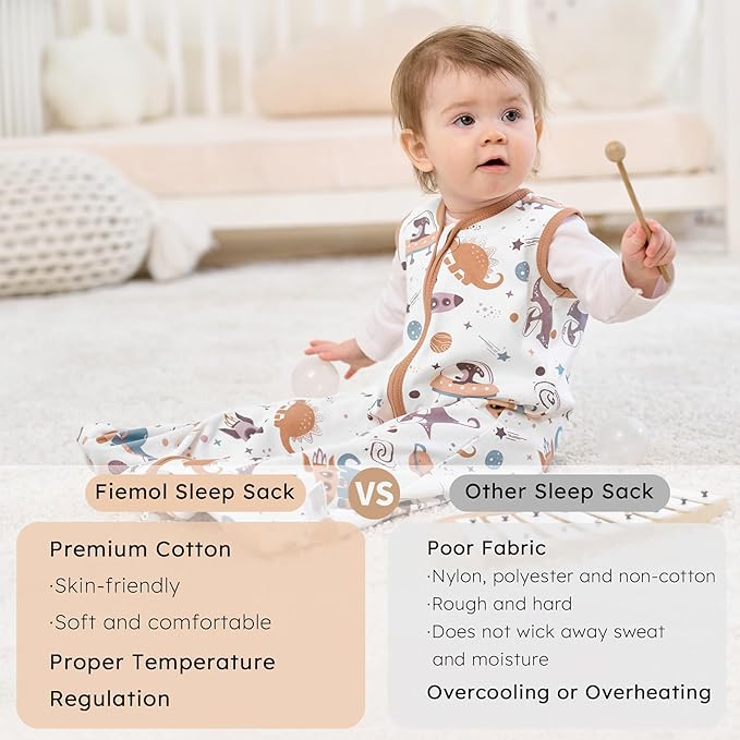 Baby Sleep Sack 12-18 months, 100% Cotton Sleeping Sack for Newborn and Infant, 3 Pack Baby Wearable Blanket for Boy and Girl, 0.5 Tog Lightweight Double Zipper Sleep Bag Coffee Dinosaur Planet